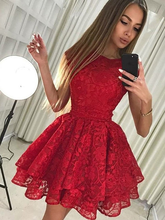 Red Pleated Appliques Flowers Pleated Tulle Cap Lace A Line Homecoming Dresses Jamya Sleeve