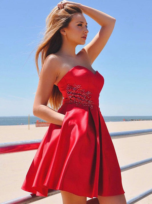 Sweetheart Strapless Red Saniya A Line Satin Homecoming Dresses Pleated Backless Short