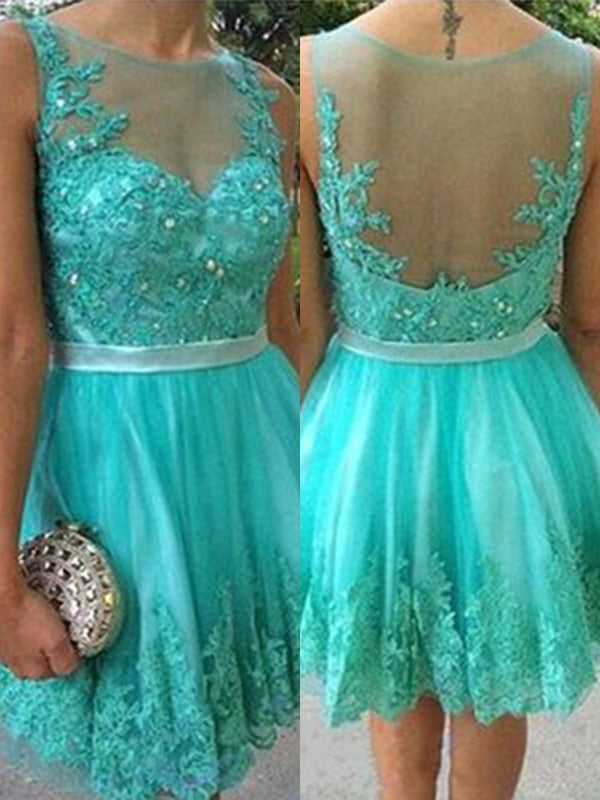 Turquoise Lace Homecoming Dresses Kendra Sheer Sleeveless Jewel Pleated Short Appliques