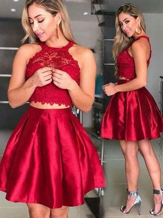 Sleeveless Halter Pleated Homecoming Dresses A Line Satin Lace Paisley Two Pieces Short Red