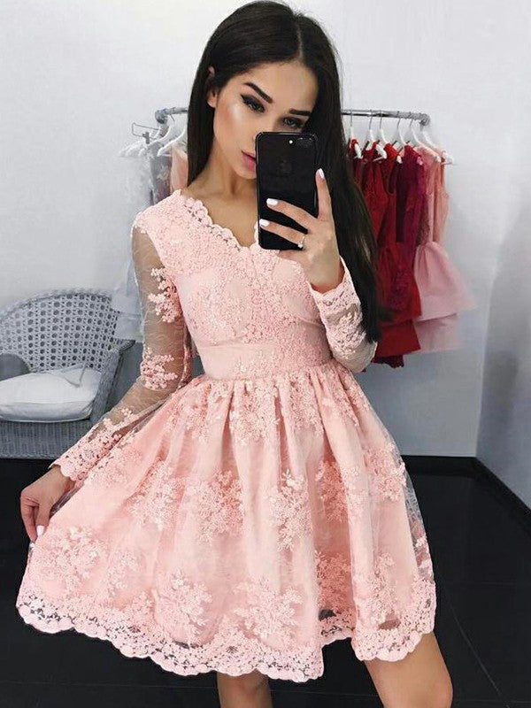 Long Sleeve V Neck A Line Homecoming Dresses Urania Lace Pink Appliques Sheer Flowers Short