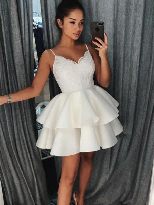 Spaghetti Straps Satin Ivory Lace Homecoming Dresses Lena V Neck Ball Gown Tiered Pleated