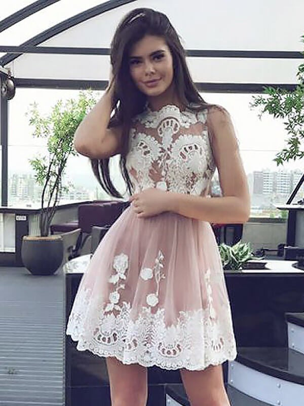 Sleeveless Lace A Line Mayra Homecoming Dresses Jewel Dusty Rose Appliques Pleated Short