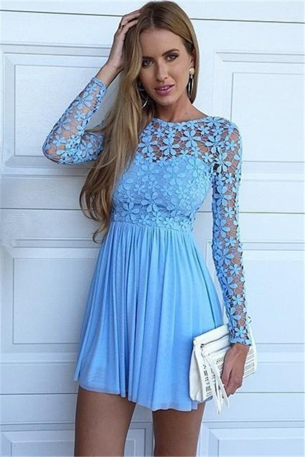 Jewel Long Sleeve Blue Hollow Flowers Chiffon Lace Homecoming Dresses Danica A Line Pleated