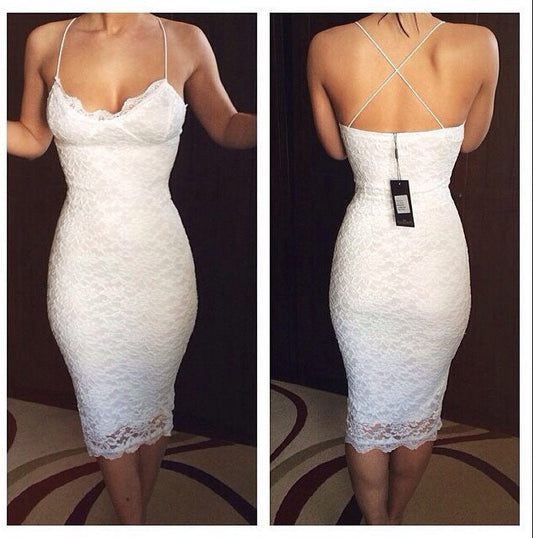 Spaghetti Straps White V Neck Criss Cross Backless Flowers Homecoming Dresses Lace Makaila Sheath