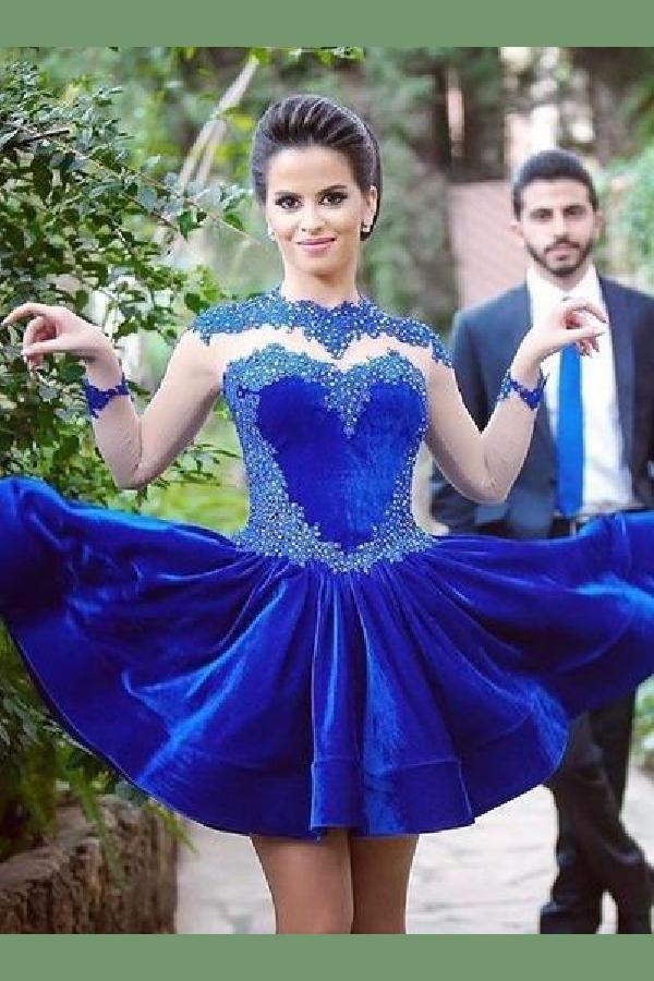 Satin Homecoming Dresses Haylie Royal Blue A Line Jewel Long Sleeve Beading Appliques Short