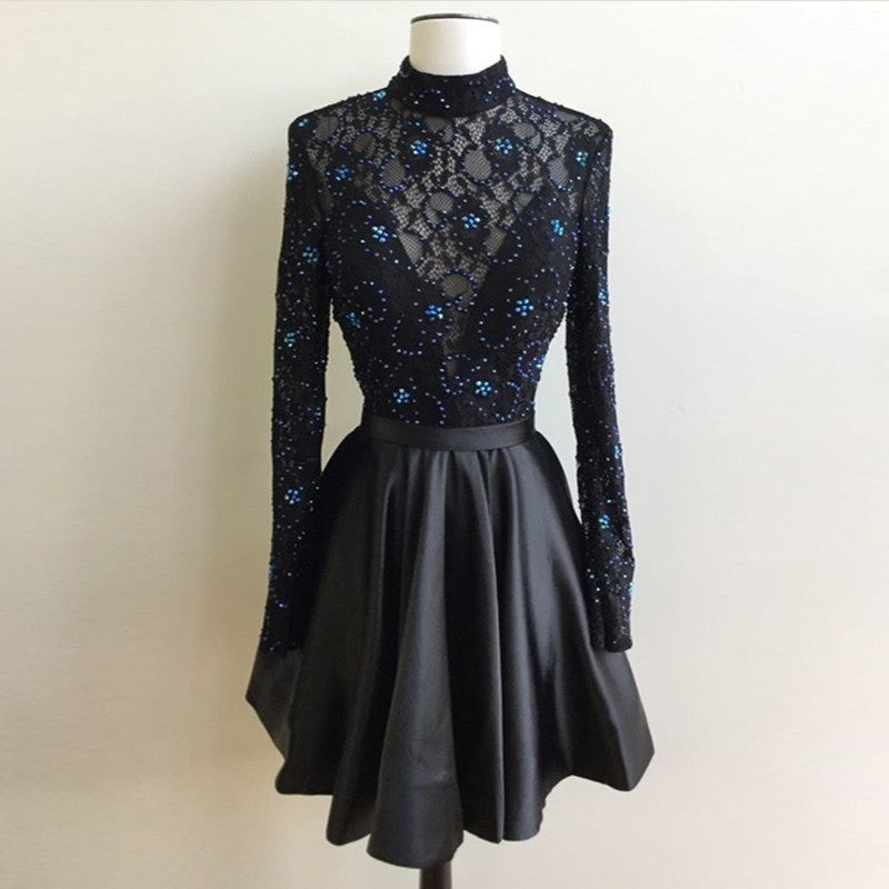 Beading Pleated Black Satin Alula Lace A Line Homecoming Dresses Long Sleeve High Neck Short