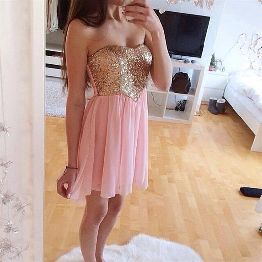 Strapless Sweetheart Pleated A Line Pink Homecoming Dresses Chiffon Hanna Short Sequins