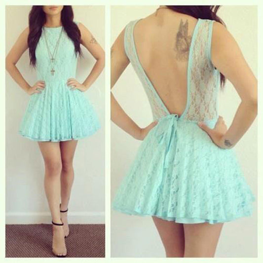 Backless Jewel Sleeveless Pleated Homecoming Dresses Lace Hazel A Line Blue Hollow Short