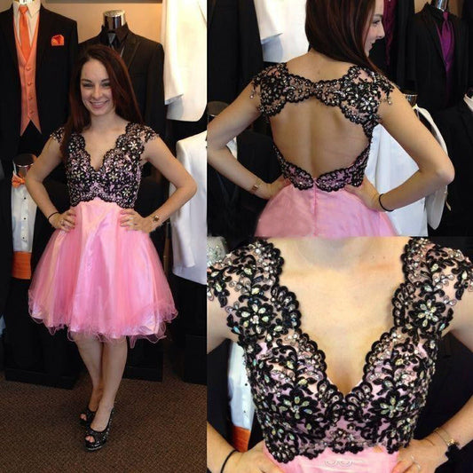 Cap Sleeve A Line Evangeline Lace Pink Homecoming Dresses V Neck Backless Appliques Rhinestone Organza