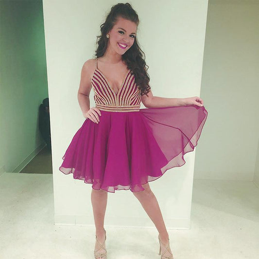 Fuchsia Pleated Deep V Neck Spaghetti Homecoming Dresses Chiffon Vanessa A Line Straps Short