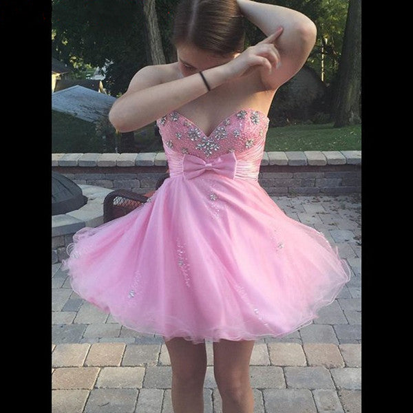 Organza Pink Vanessa Homecoming Dresses Strapless Sweetheart Rhinestone Bowknot Backless Short