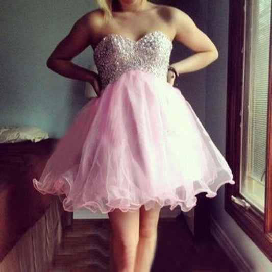 Pink A Line Monserrat Homecoming Dresses Organza Pleated Strapless Sweetheart Beading Short