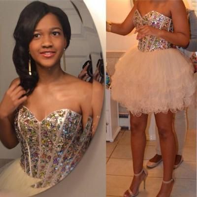 Ivory Damaris Homecoming Dresses Strapless Sweetheart Ball Gown Organza Rhinestone Short