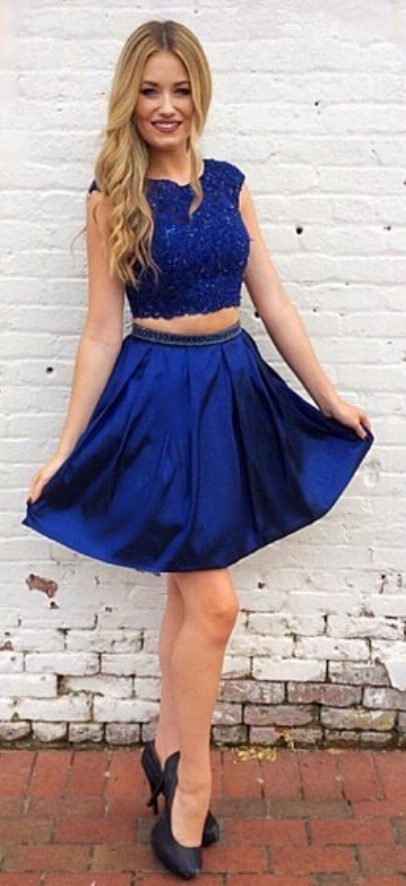 Cap Sleeve Pleated Homecoming Dresses A Line Ellen Two Pieces Satin Royal Blue Appliques Short