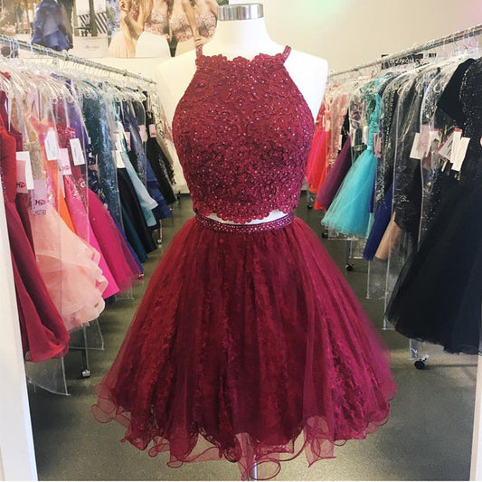 Burgundy Halter Lace A Line Cloe Homecoming Dresses Two Pieces Sleeveless Appliques Organza