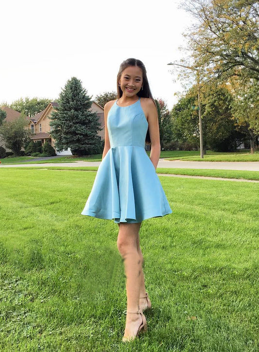 Halter Homecoming Dresses Amani A Line Satin Sleeveless Blue Simple Pleated Short