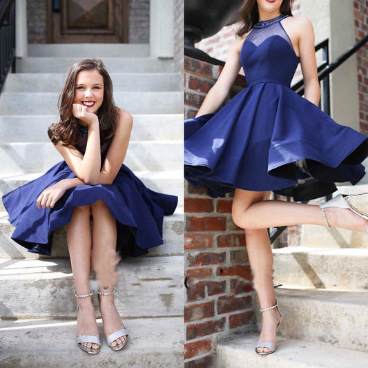 Halter See Through Winnie A Line Satin Homecoming Dresses Navy Blue Pleated Short Sleeveless