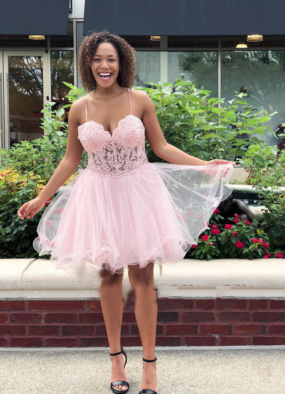 A Line Pink Homecoming Dresses Lace Joyce Spaghetti Straps Sweetheart Organza Pleated Sexy