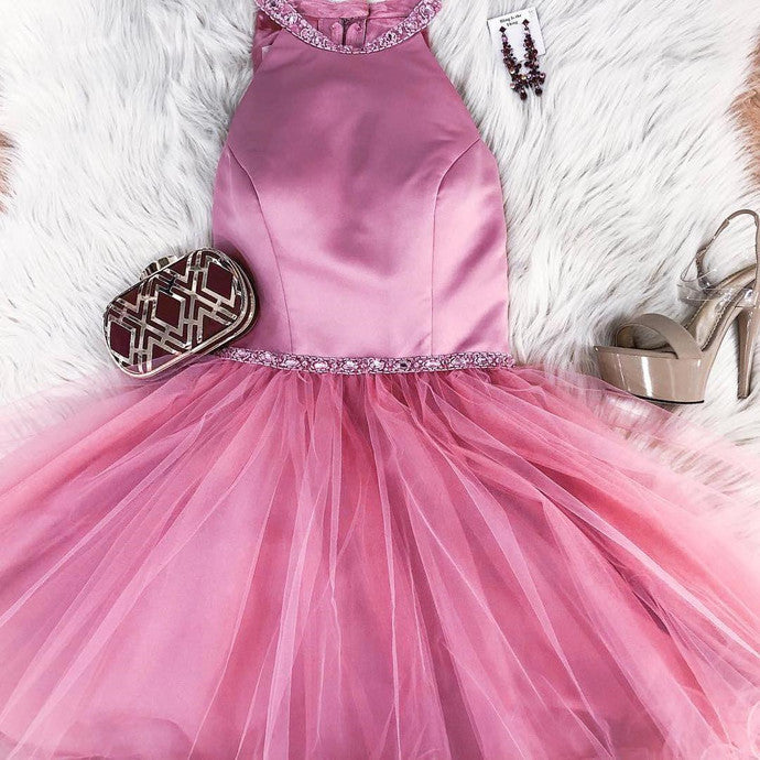 Halter Alexia Homecoming Dresses A Line Pink Tulle Sleeveless Short Pleated Simple Beading