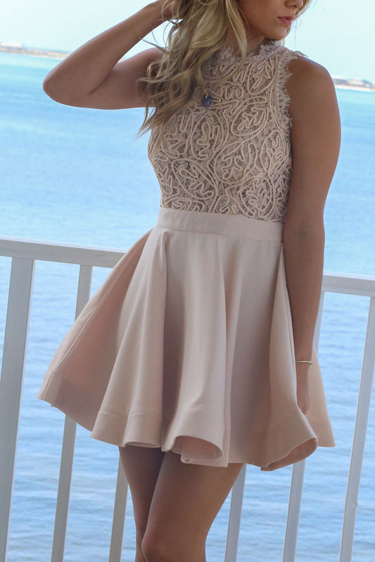 Sleeveless Satin Ivory Homecoming Dresses Lace A Line Mikaela Short Halter Pleated