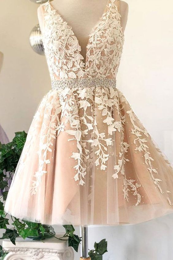 Deep V Neck Melany Ivory A Line Lace Homecoming Dresses Sleeveless Tulle Appliques Pleated