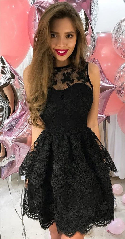 Sheer A Line Lace Pauline Homecoming Dresses Halter Sleeveless Tiered Black Flowers Short