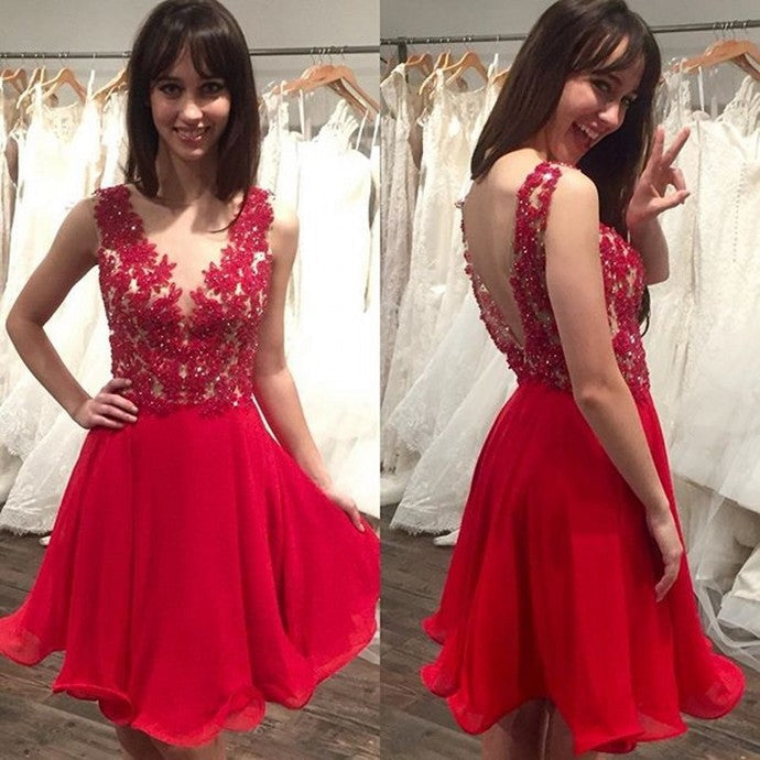 Sheer Red Appliques Organza Pleated Kenna A Line Homecoming Dresses Backless Short Sleeveless