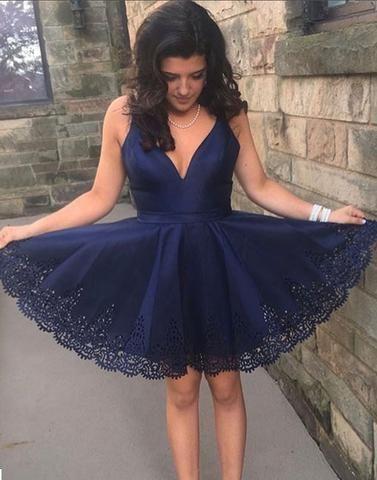 Sleeveless Deep Lace Homecoming Dresses Satin Kiana A Line V Neck Pleated Navy Blue Sexy