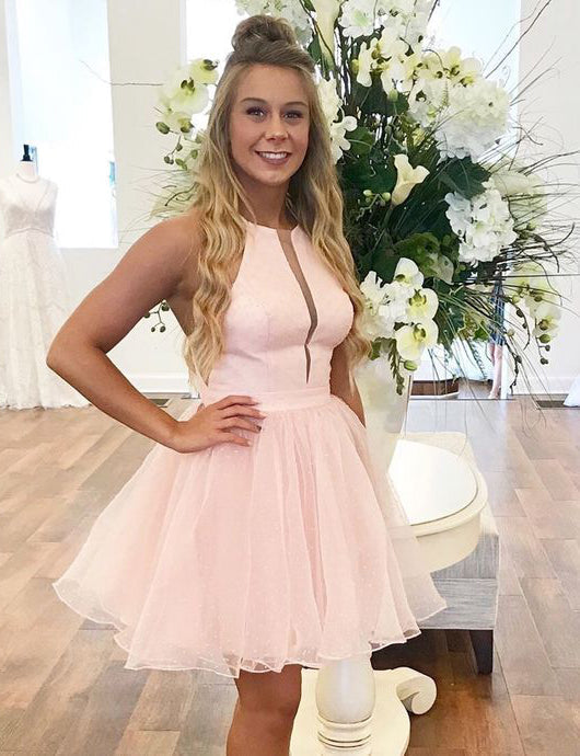 Halter A Line Pink Homecoming Dresses Carleigh Organza Short Pleated Sleeveless Simple Elegant