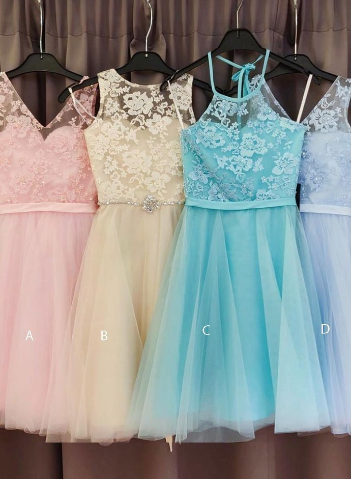 Tulle Pleated Lace A Line Homecoming Dresses Leia Flowers Sleeveless Knee Length