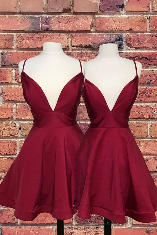 Deep V Neck Spaghetti Straps Ann Homecoming Dresses A Line Satin Burgundy Short Sexy