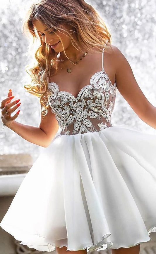 Spaghetti Straps Jaidyn A Line Homecoming Dresses Chiffon Lace White V Neck Appliques Short