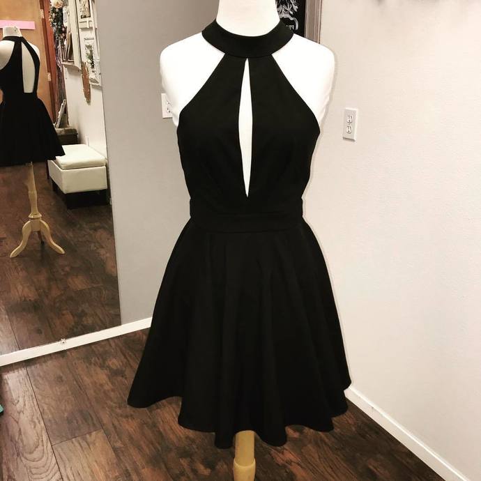 Halter Satin Kenzie Homecoming Dresses A Line Black Sleeveless Cut Out Pleated Backless Short