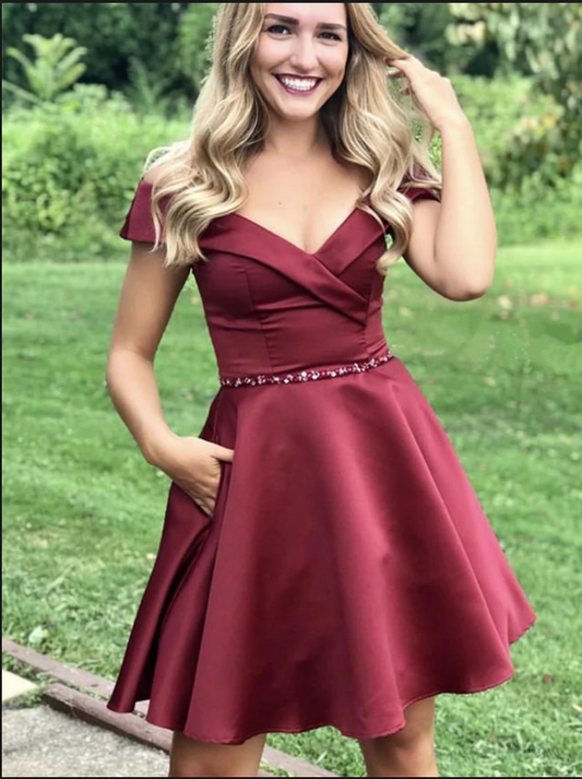 Burgundy V Neck A Line Satin Homecoming Dresses Livia Off The Shoulder Short Pleated