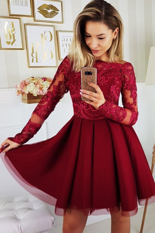 Burgundy Long Journey Lace Homecoming Dresses A Line Sleeve Bateau Appliques Tulle Pleated