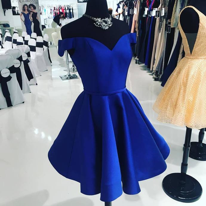 Homecoming Dresses A Line Satin Royal Blue Dalia Off The Shoulder V Neck Pleated Short