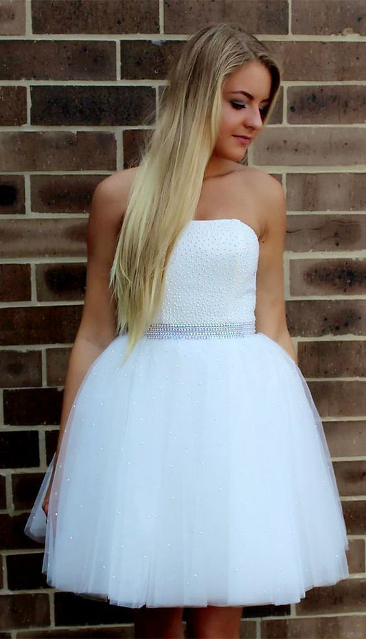 Strapless Ball Gown Tulle Homecoming Dresses Gina Beading Short White Pleated Princess