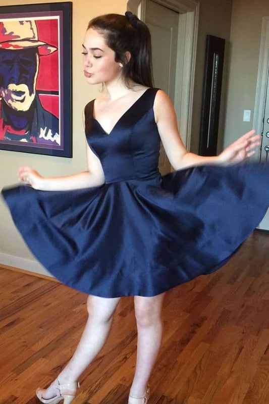 V Satin Homecoming Dresses A Line Lilly Neck Sleeveless Pleated Dark Navy Short Simple