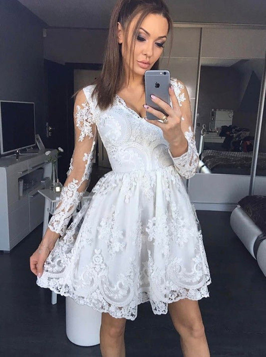 Lace Homecoming Dresses A Line Anaya Long Sleeve White Deep V Neck Pleated Sheer Short