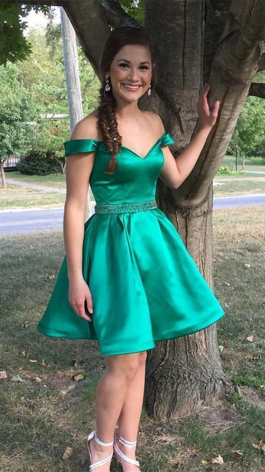 Jade Off The Clare A Line Satin Homecoming Dresses Shoulder Pleated V Neck Beading Short