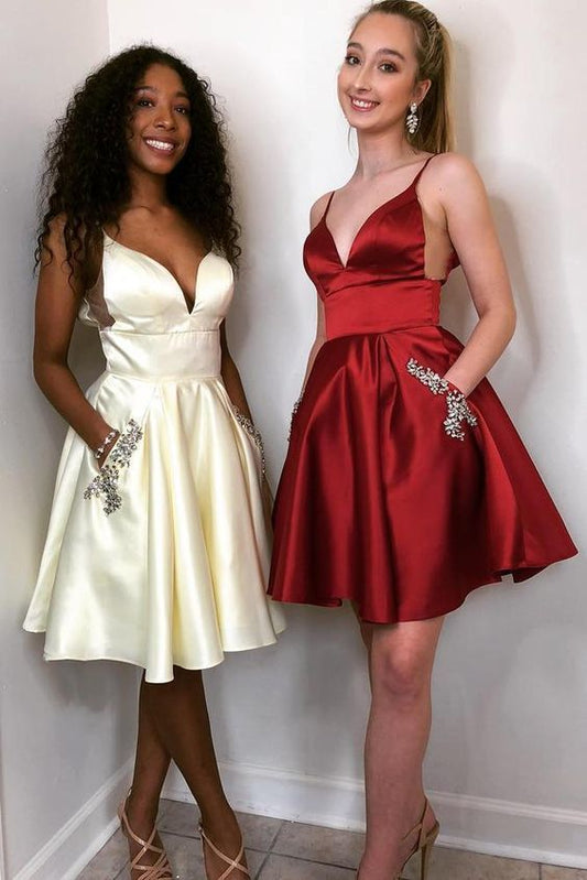 Spaghetti Straps Deep V Neck Sheer Satin Phoenix Homecoming Dresses A Line Short Pleated