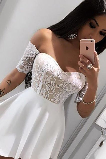 Off The Shoulder Half Sleeve Satin Homecoming Dresses Ivory A Line Anabella Lace Short