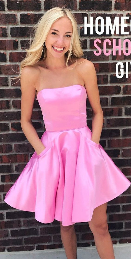 Strapless Straight Sleeveless Pleated Pink Homecoming Dresses Mira Satin A Line Short Pockets