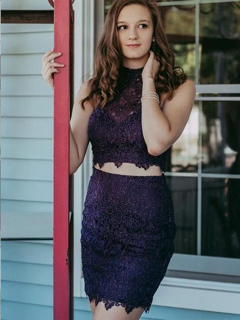 Halter Sheath Short Homecoming Dresses Anahi Lace Two Pieces Sleeveless Flowers Purple