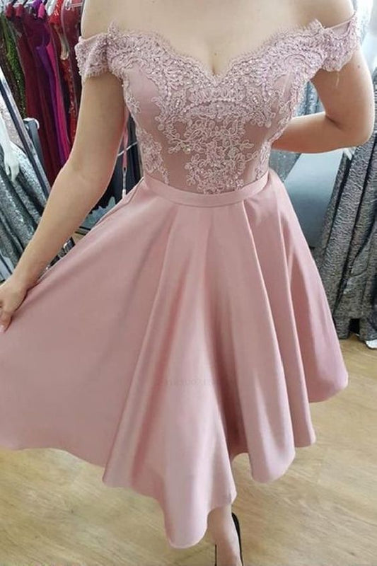 Dusty Rose Off The Homecoming Dresses Theresa Lace Satin A Line Shoulder Pleated Short