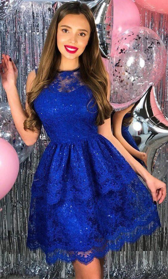 Jewel Sleeveless Pleated Elegant Gianna Royal Blue Lace Homecoming Dresses A Line Sexy Short