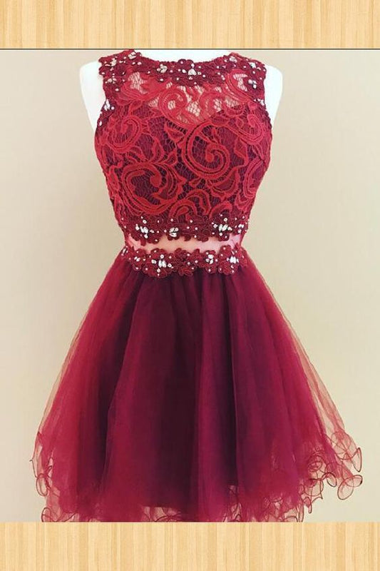 Short Brooklyn A Line Lace Homecoming Dresses Sleeveless Jewel Flowers Organza Burgundy