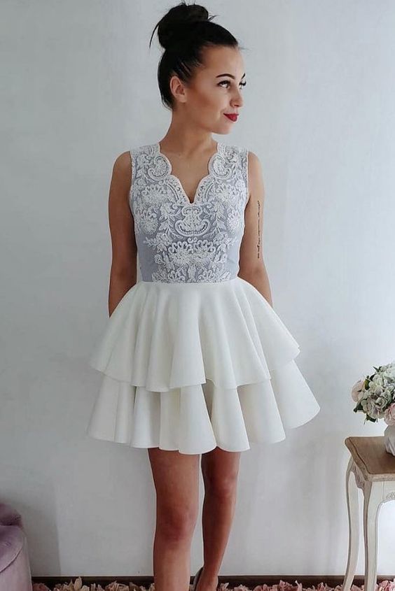 Ball Gown Tiered V Neck Homecoming Dresses Ivory Val Satin Lace Sleeveless Flowers Short