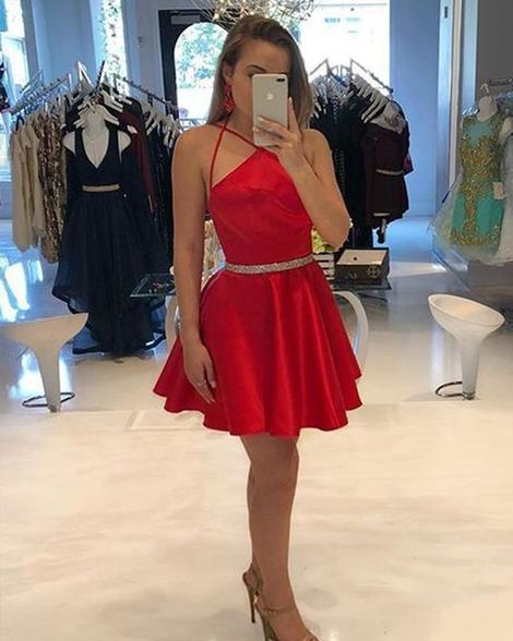 Halter Spaghetti Straps Sexy Pleated Short Red A Line Satin Catherine Homecoming Dresses Simple